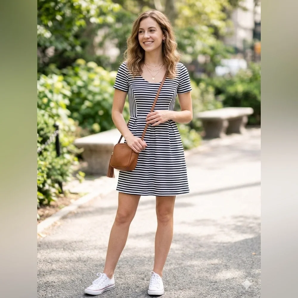 J. Crew Black & White‎ Striped Short-Sleeve Fit-and-Flare Mini Dress